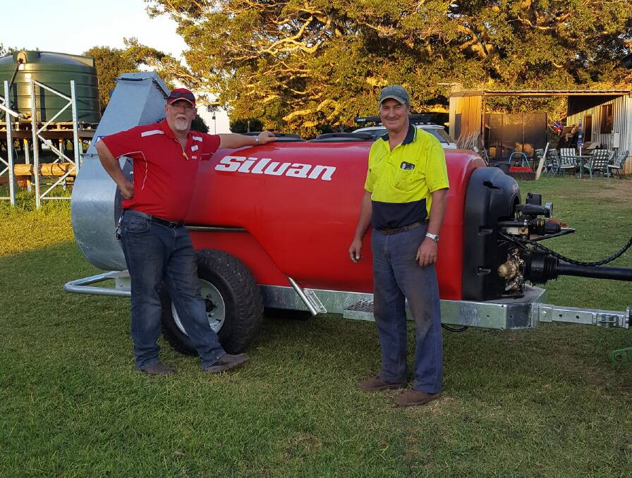 TREE READY: Silvan representative Ian Davison with grower Mark Smith and his new Silvan cannon jet sprayer