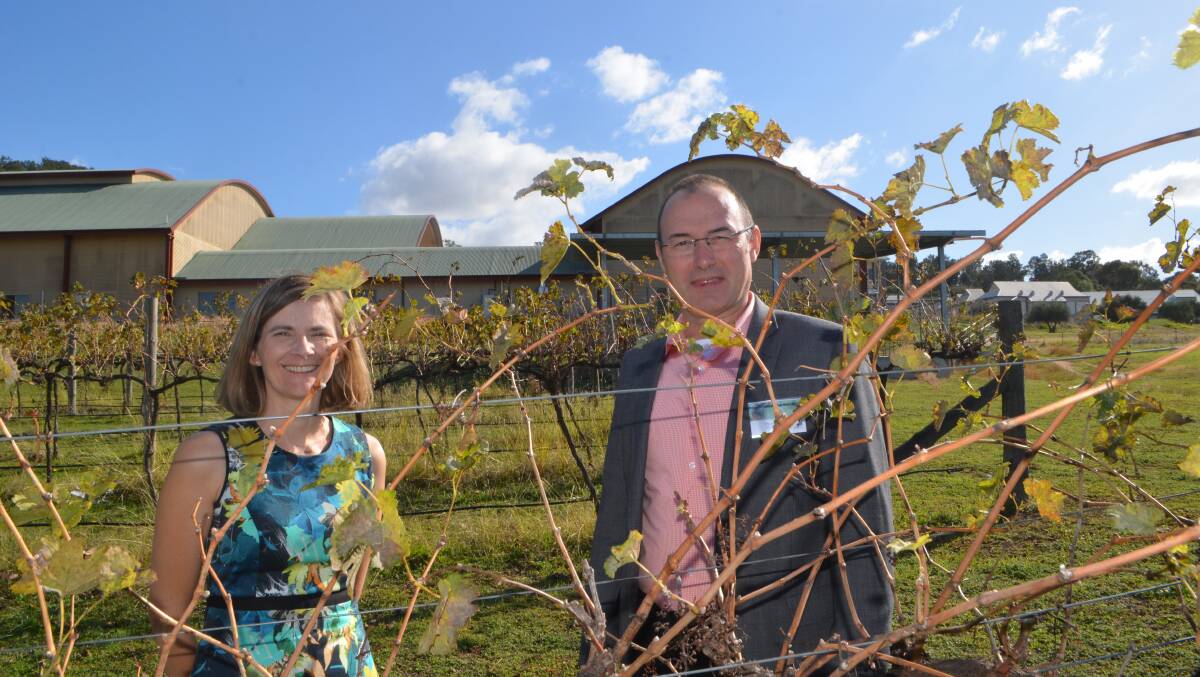 Dr Suzy Rogiers, NSW DPI viticulture research scientist with Professor Vladimir Jirnek, University of Adelaide, and director Australian Research Council Training Centre for Innovative Wine Production, in the vineyard at CSU, Wagga Wagga.