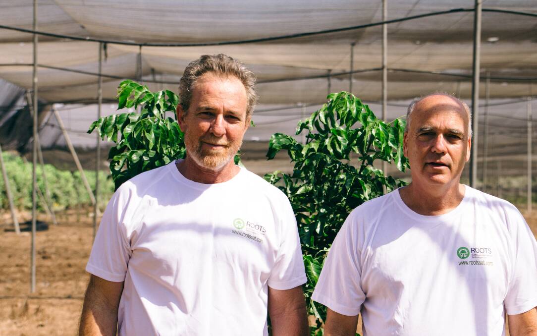Roots Sustainable Agricultural Technologies executive chairman, Sharon Devir, and his co-founding partner, Boaz Wachtel, in covered cropping areas trialing the company's root zone climate optimisation technology in Israeli. 