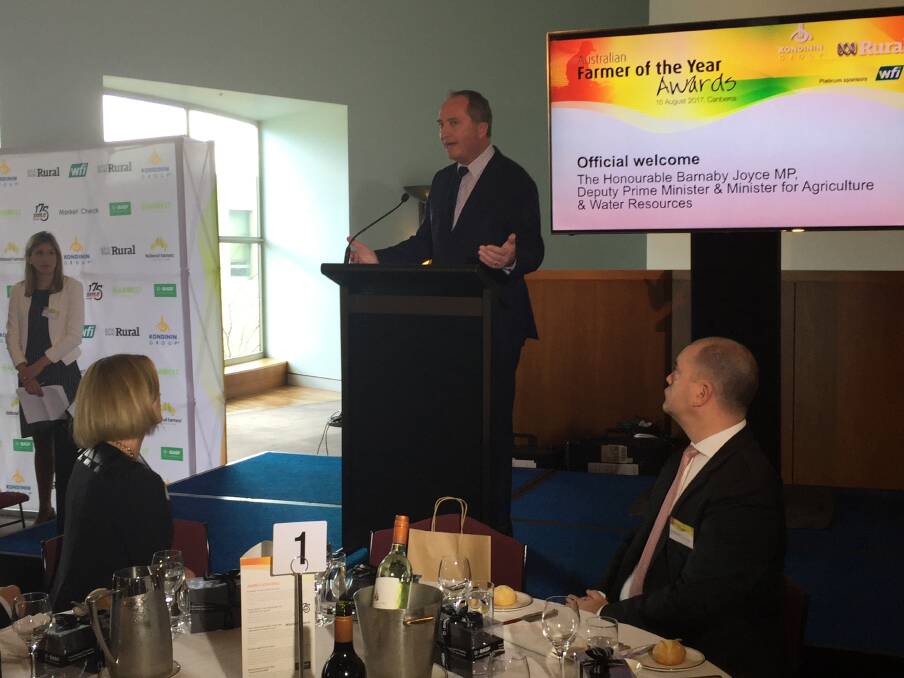 FARM TALK: Barnaby Joyce in action today at the Farmer of the Year announcement, where he talked up the importance of the farming sector. 