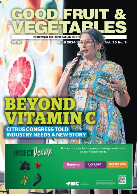 The cover of the April 2024 edition of GFV, featuring nutritionist Emma Beckett, FOODiQ Global who says oranges and mandarins need to be viewed as more than just good sources of Vitamin C. The magazine is out now. Picture supplied