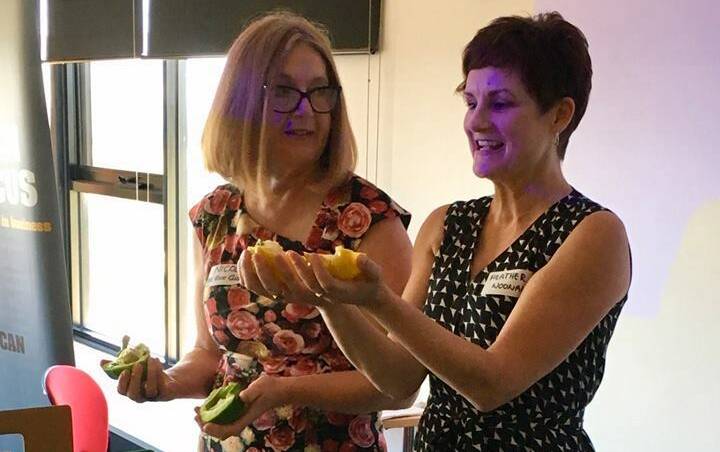 CRACKING: East Gippsland Food Cluster executive officer, Dr Nicola Watts, and Commonwealth Bank regional and agribusiness banking regional manager, Heather Noonan, 'crack the capsicums' and open the inaugural women in horticulture seminar, in Gippsland. 