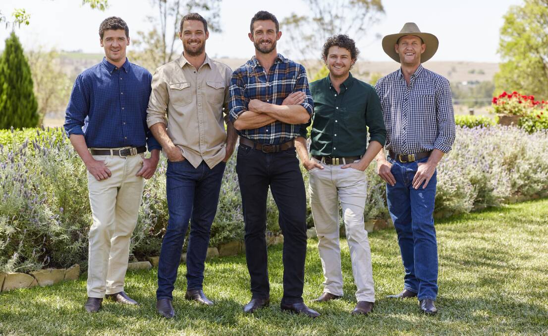 The lead actors in Farmer Wants a Wife, (L-R) Farmers Tom, Bert, Joe, Dustin and Dean. The show could be used as a postcard for Aussie agriculture. Picture supplied