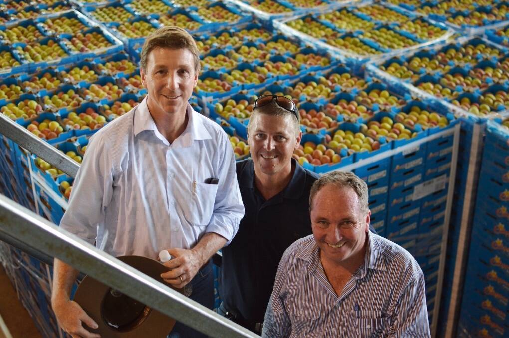 NT primary industries minister Willem Westra van Holthe with Pinata Farms' Gavin Scurr and federal agriculture minister Barnaby Joyce in Katherine to launch the Strategic Export Plan for Australian Mango Industry.
