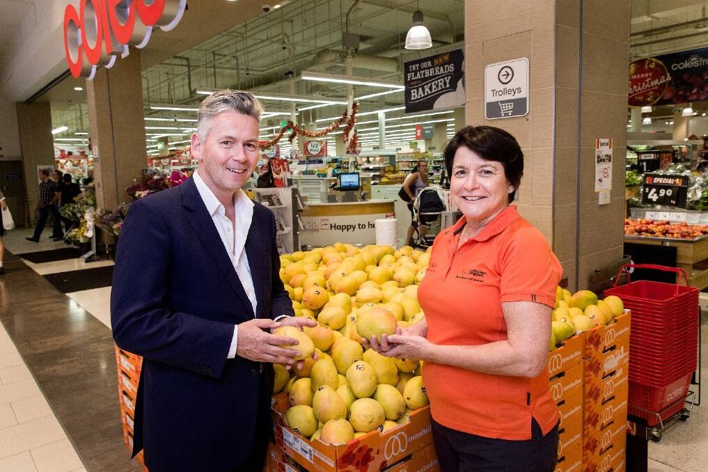 Coles managing director John Durkan and Manbulloo Mangoes founder Marie Piccone discuss the farm expansion plans after Manbulloo was awarded a $500,000 interest-free loan from the Coles Nurture Fund. 