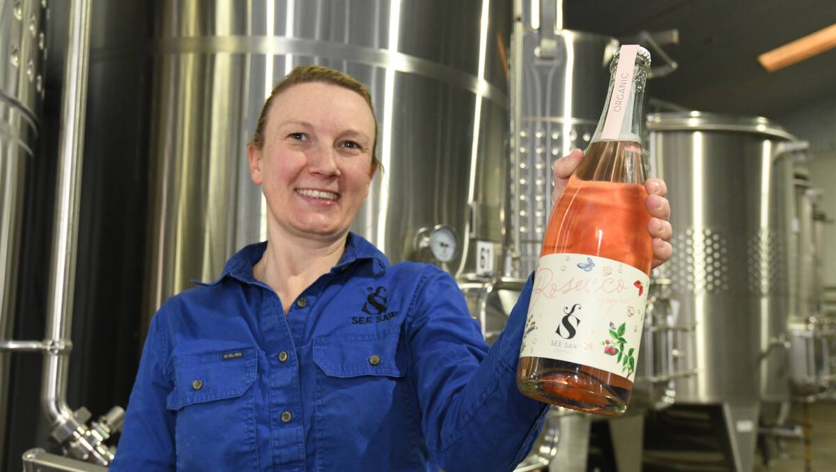Winemaker Monica Gray with See Saw's Organic Rosecco. Picture by Jude Keogh