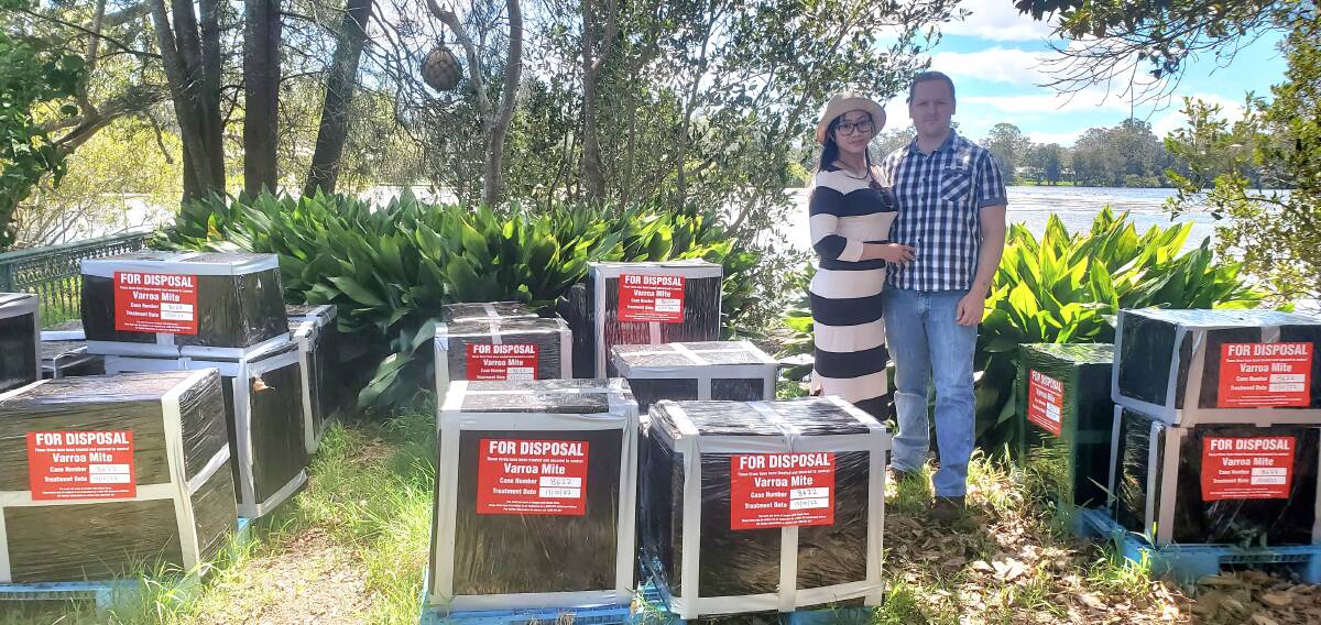 Angelica and Martin Jackson, Honey Wines Australia, Broke with some of their euthanised bee hives. Picture by Martin Jackson