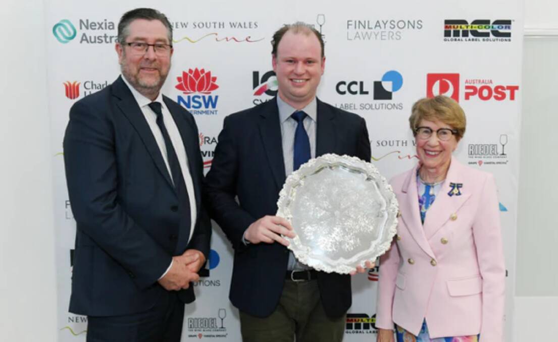 Mark Bourne President of NSW Wine with 2022 winner Chris Tyrrell, Tyrrell's, and the Governor of New South Wales, Her Excellency the Honourable Margaret Beazley AC QC. Picture supplied