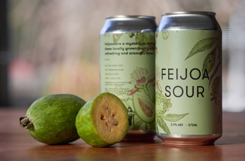 Feijoa sour beer with a cut open feijoa. Picture by Rod Thompson