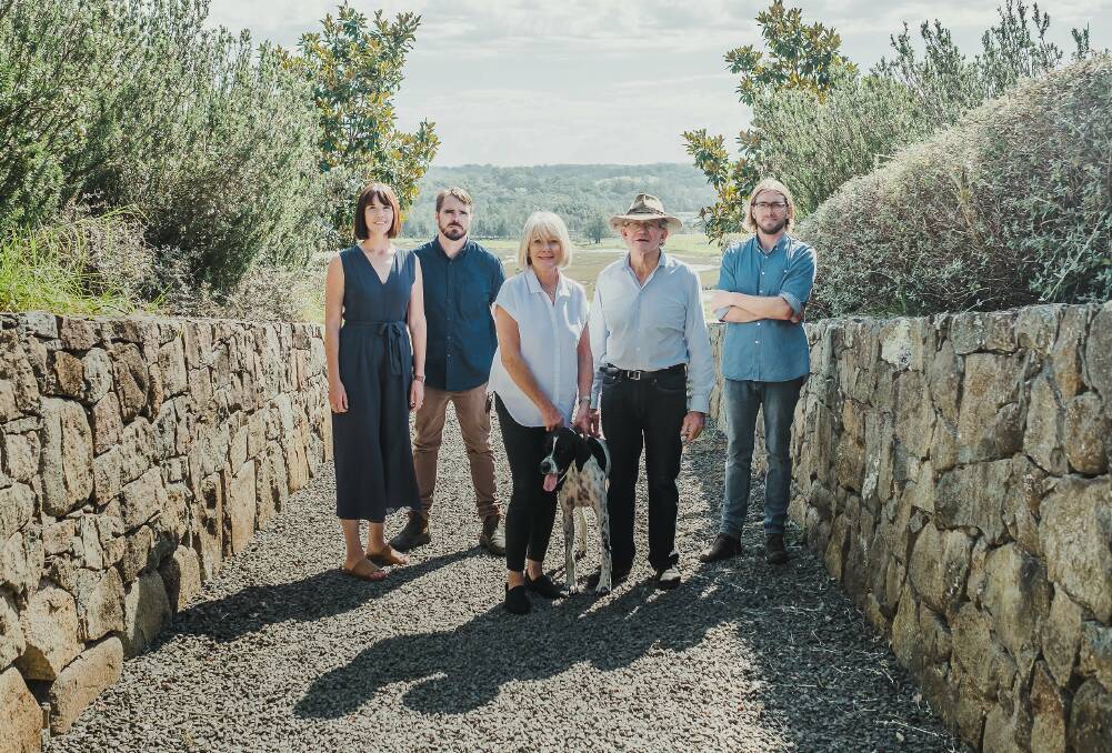 FAMILY AFFAIR: Libby, Tom, Rosie, Griff and Wally Cupitt with their dog Louis at the boutique winery, brewery, fromagerie, bar, restaurant on the NSW South Coast.