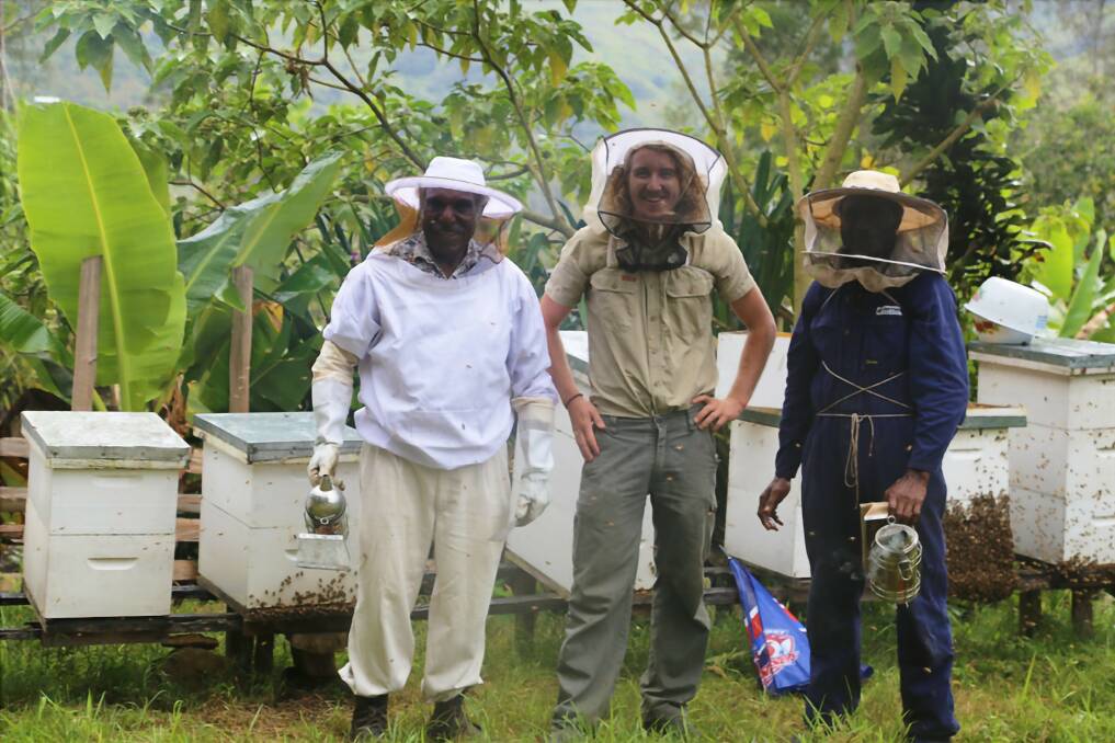 Harvesting honey in the PNG Highlands are beekeeping guru Mr Wilson Tomato, Dr Cooper Schouten and Mr Paki Billy in partnership with the Australian Centre for International Agriculture Research. Picture by Dr Cooper Schouten