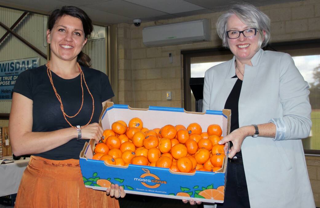 Elizabeth Brennan (left) and Sue Middleton promoting Moora Citrus and Northern Valley Packers. File picture