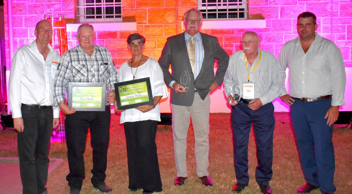 HONOURED: Australian Mango Industry Association CEO, Robert Gray with mango industry pioneer award recipients, Peter and Dianne Marks, Rob Vennard and Ken Rayner, and AMIA chairman Ben Martin.