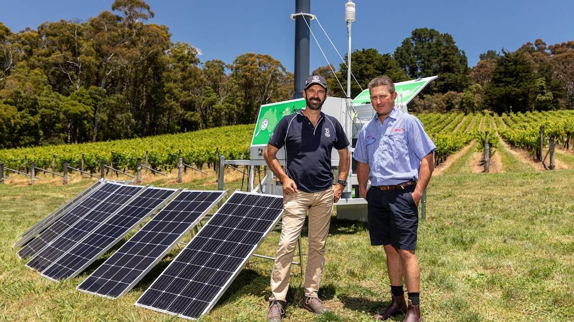 ON GROUND: SARDI senior scientist Rohan Kimber with Adelaide Hills vegetable grower Richard Cobbledick and the Sentinel 7 technology.
