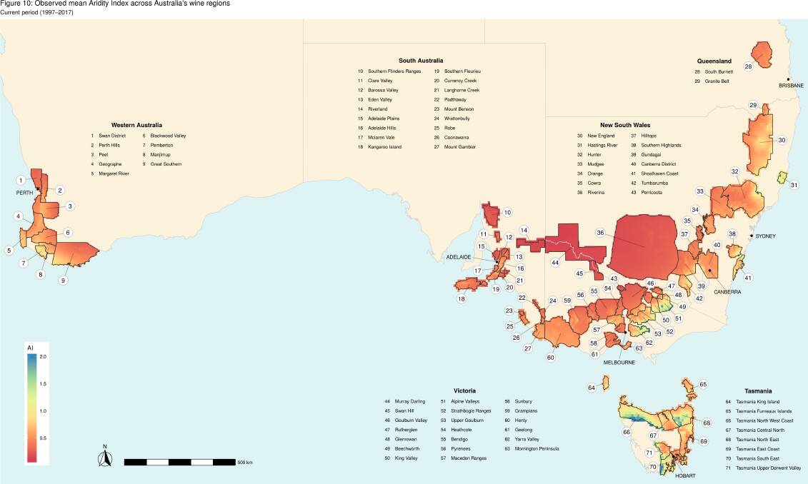 Australia's wine future: A Climate Atlas growing season temperature (current period). Picture: University of Tasmania
