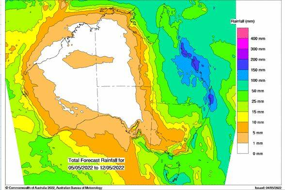 The BOM"s eight day forecast shows heavy rain likely over Queensland.