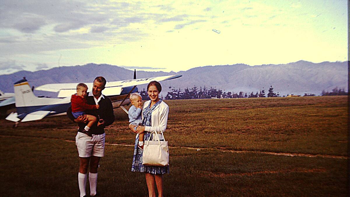 Scott, David, Mark and Gillian Montgomery at Wau Airstrip, Papua New Guinea, in August 1965. Photo courtesy of the Papua New Guinea Association of Australia.