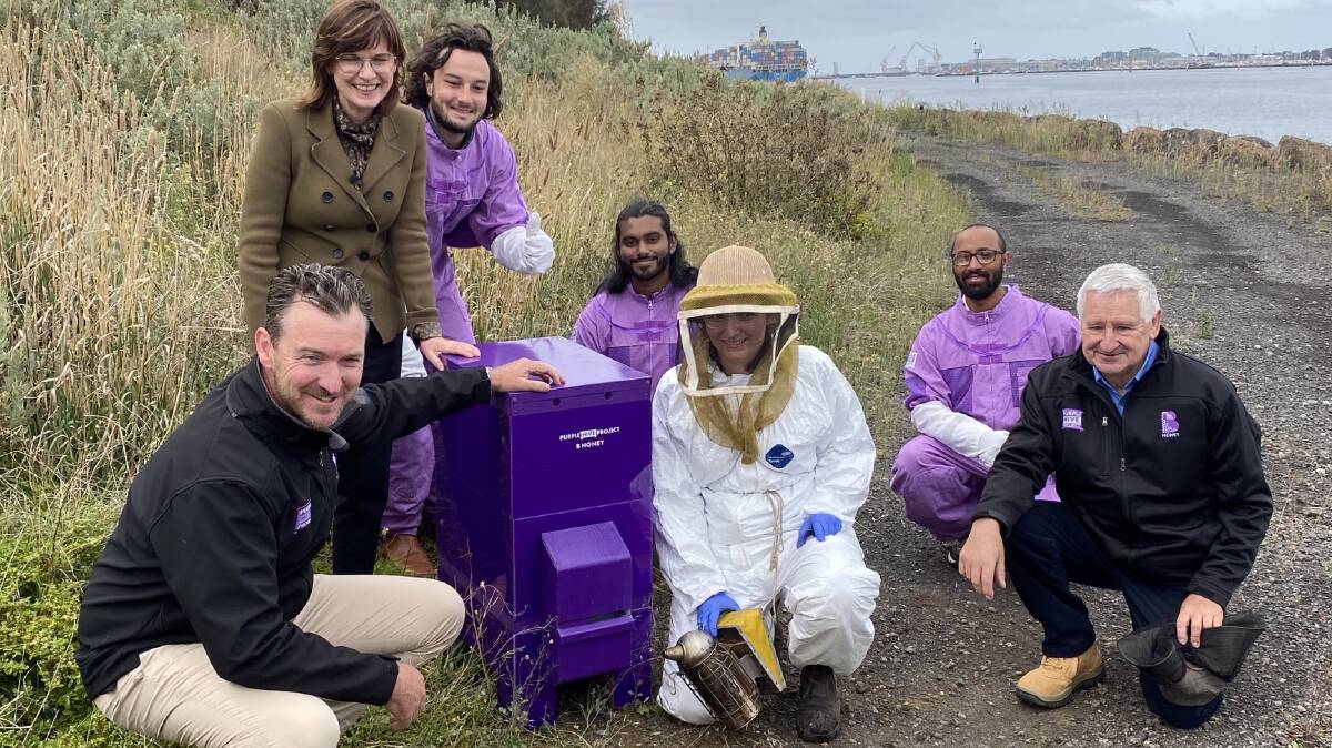 
PURPLE HIVE: Nikki Jones, Agriculture Victoria Apiary Biosecurity Officer, Nikki Jones, Xalient chief technology officer Shivy Yohanandan, Xalien chief executive officer , Vimana Tech chief executive Joel Kuperholz, Bega Foods executive general manager Adam McNamara, Purple Hive Project advisor Ian Cane and Agriculture Minister Mary-Anne Thomas at the Port of Melbourne site.
