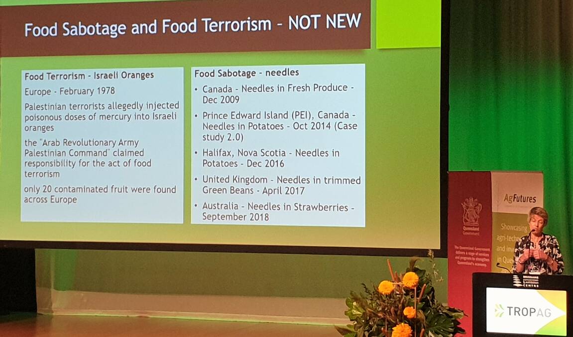 NEED: Clare Hamilton-Bate reminds the audience that there have been numerous examples of food sabotage in the world, and it's likely that it will happen again.