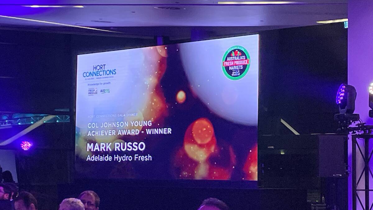Col Johnson Young Achiever Award Mark Russo's name up on the big screen at the Hort Connections Gala Dinner at the Adelaide Convention Centre. Picture by Ashley Walmsley
