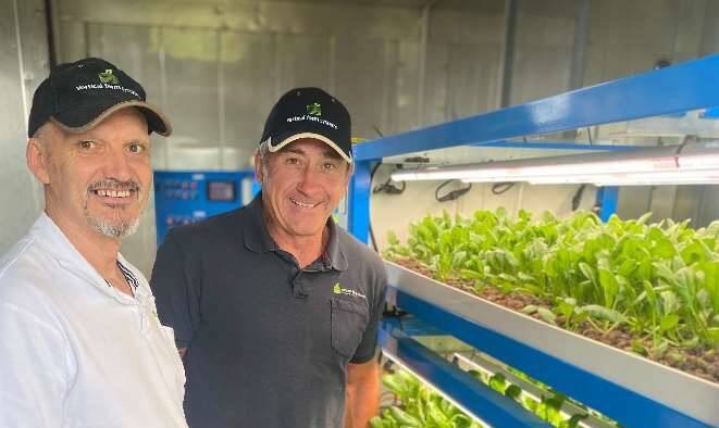 INSIDERS: Vertical Farming System co-founders John Leslie and Ashley Thomson inside one of the production warehouses which produce high quality produce efficiently. 