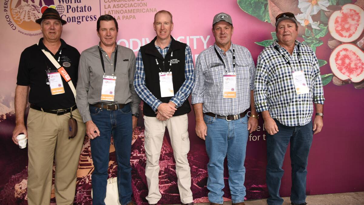 AUSSIES: Australian representatives at the 10th World Potato Congress, Richard Okray, Alan Davenport, Nathan Richardson, Trevor Hall and Lee Shaw, all from Tasmania.