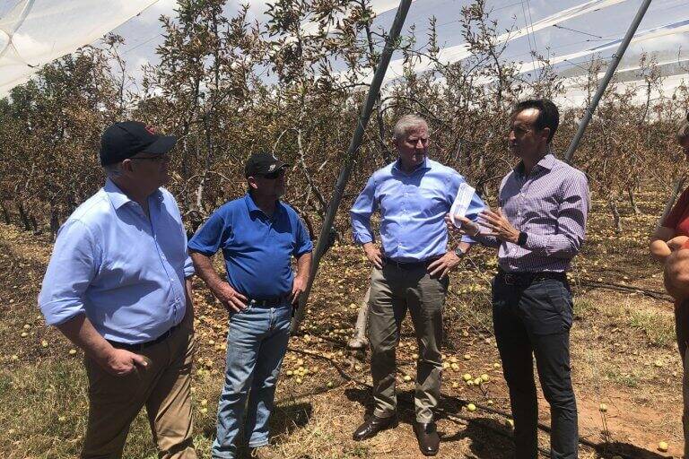 ASSESSMENT: Meeting in Batlow to discuss recovery (from left): Prime Minister Scott Morrison, Batlow grower Greg Mouat, deputy PM Michael McCormack, and APAL CEO, Phil Turnbull.