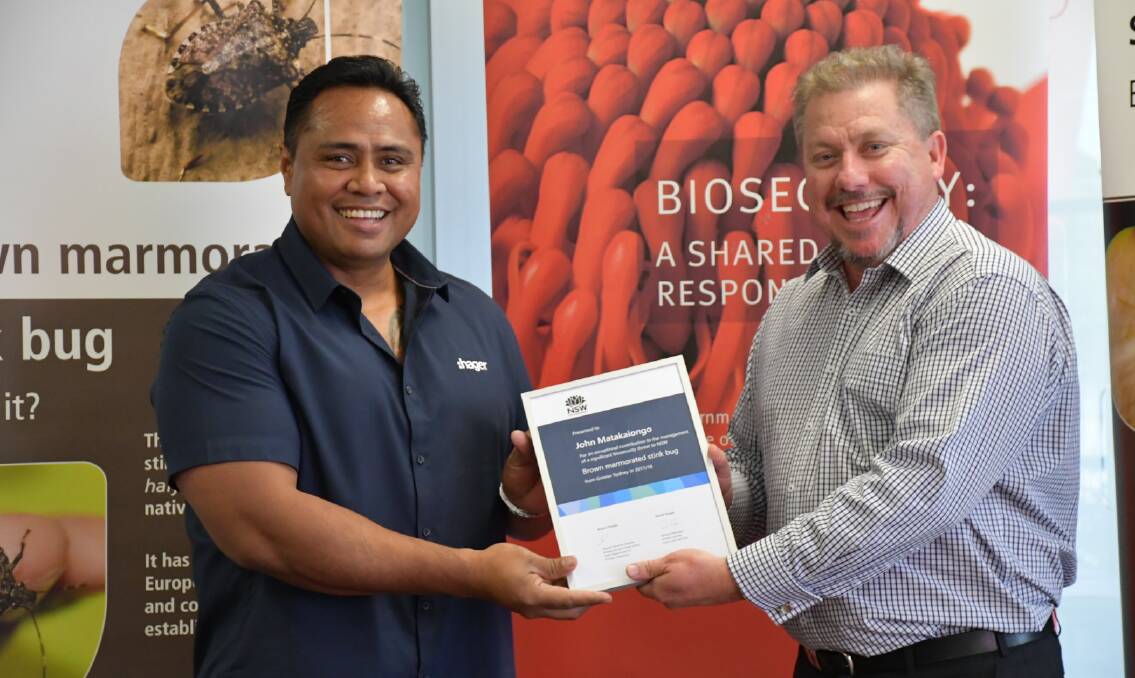 AWARDED: Hager Electro’s John Matakaiongo receives his certificate of acknowledgement from with Greater Sydney Local Land Services general manager, David Hogan, after Mr Matakaiongo reported the discovery of the Brown Marmorated Stink Bug in a shipping container from Italy at their Glendenning warehouse late last year.