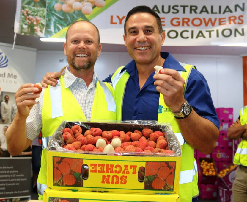 TOP BID: Highest bidder for one of the first season trays of lychees at the Brisbane Produce Markets, Mark Clarke. Favco, with auction host John Trimboli, Romeo's Marketing.
