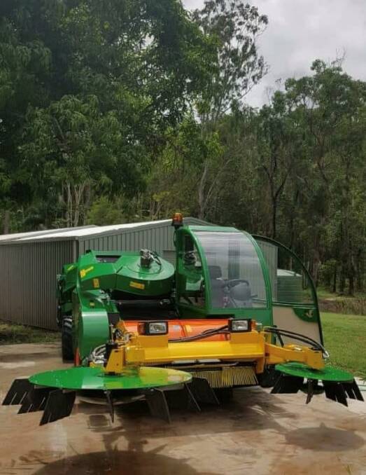 GEAR: The Monchiero nut harvester which Hugh Williams uses to gather hazelnuts at his Grove 41 degrees operation at Tasmania.