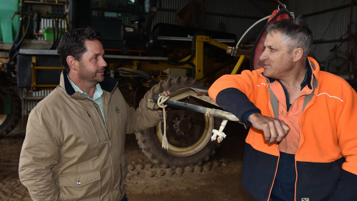 CHECK: Bayer commercial sales representative, Darren Alexander, discusses sprayer set up for the application of Movento insecticide with SA Brussels sprouts grower John Cranwell, Nairne and Langhorne Creek.