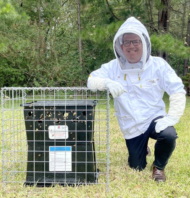 Minister for Agriculture Dugald Saunders visited a Fipronil baiting station on the Central Coast which is in place in the hopes of attracting feral bees. Picture supplied