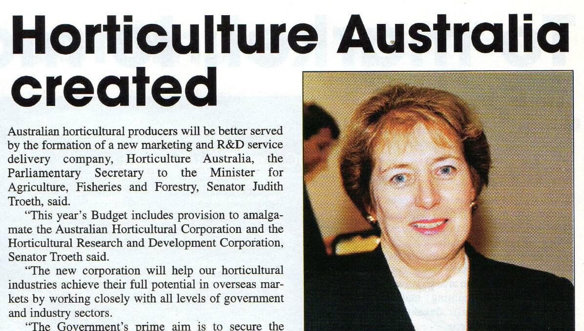 CHANGE: Former Parliamentary Secretary to the Minister for Agriculture, Fisheries and Forestry, Senator Judith Troeth, pictured in the article from the June 2000 edition of Good Fruit & Vegetables.