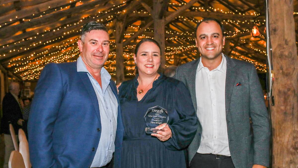 Value Chain Innovator Award winner, Claire Wraight, Cobram, Vic with colleagues Dean Trembath, Legacy Packing (left) and Marcus Diacco, Mowbray Farms. Picture supplied