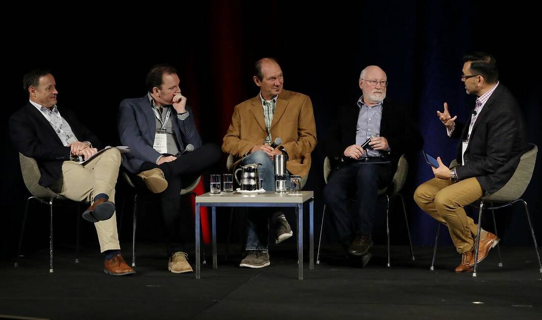 SESSION: State of the Nation panellists, Ausveg CEO James Whiteside, PMA A-NZ CEO Darren Keating, University of Qld's Professor Jimmy Botella, science writer and communicator Julian Cribb, with Hort Connections MC, Toby Travanner.