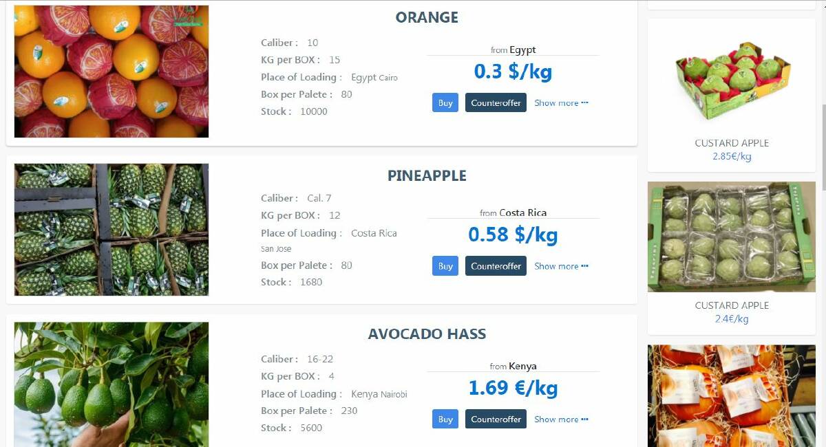 TRADING: A screenshot from FruitsApp, a program which allows the trade of fruit and vegetables. Presently the app is used mostly in Spain, Peru, Colombia, Mexico and India.