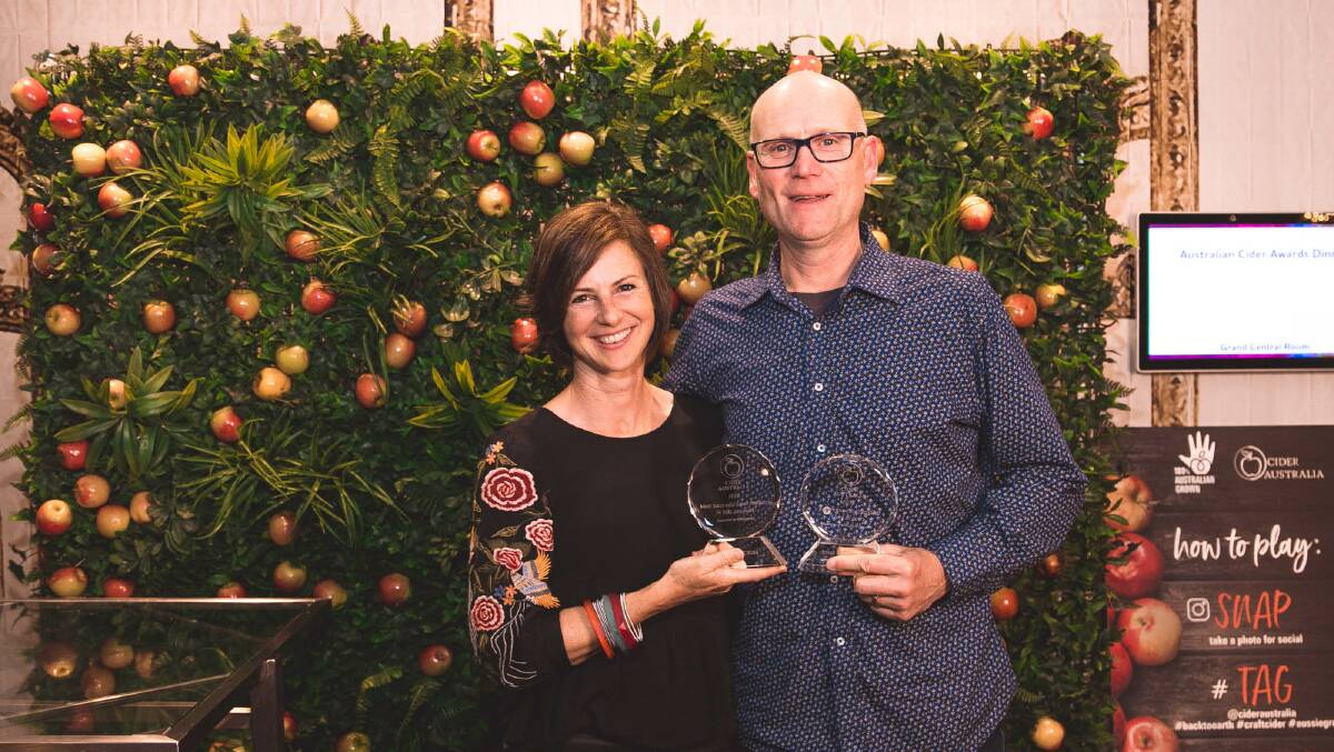 DOUBLE: Gail and James Kendell, Small Acres Cyder celebrate winning the Best Intensified/Distilled Cider or Perry, and the Most Successful Small Producer (less than 50,000L per year) awards. 