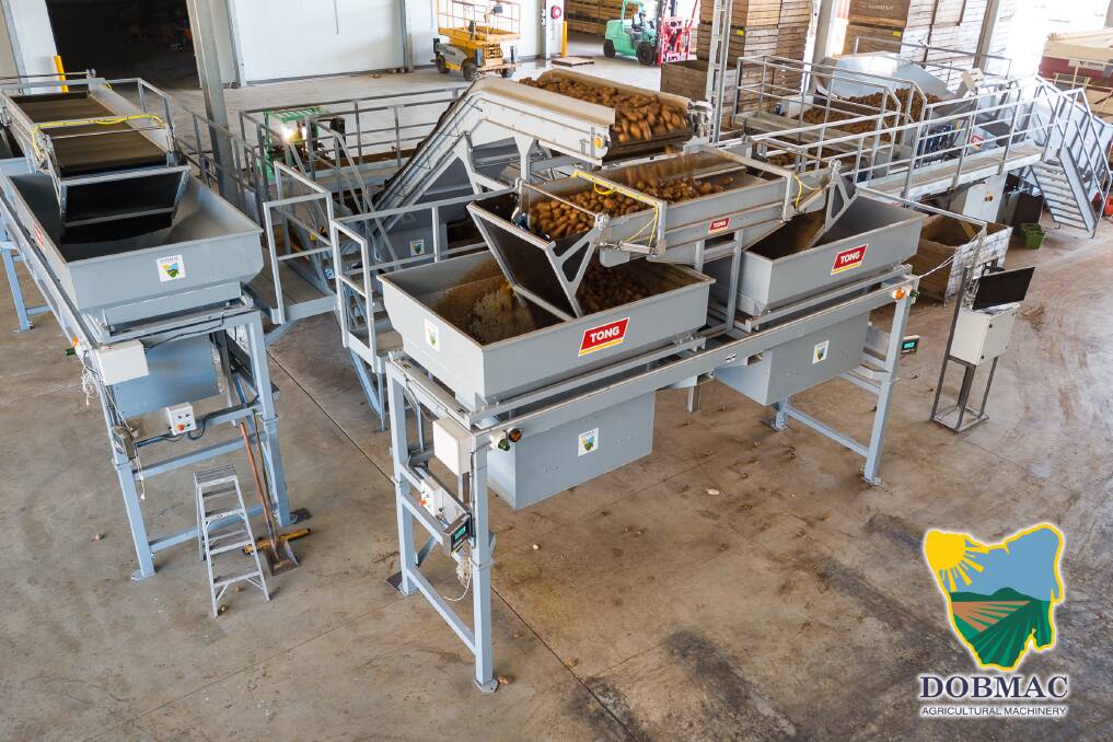 THROUGHPUT: Featuring a 2.5 or 3.8 cubic metre capacity holding hopper at each end of the machine's main crop conveyor, suited for 1t or 2t boxes respectively, the new MonstaFill gently transfers crop to two rubber-lined holding hoppers. 
