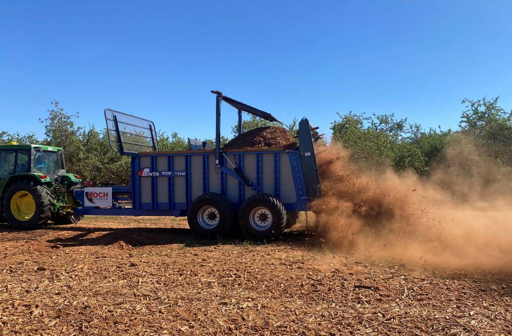 CHIPPED: Older almond trees at a orchard in Merebin, Victoria are mulched up in a trial of the whole orchard recycling practice in order to make the most of stored carbon. Picture: SARDI.