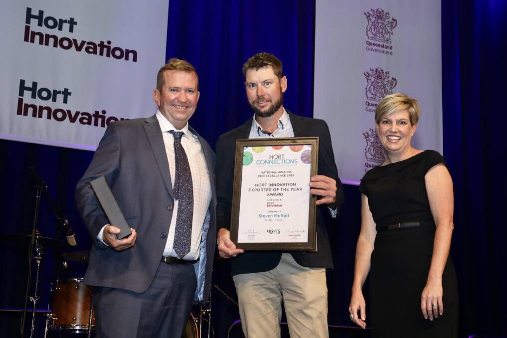 EXPORT EXCELLENCE: Hort Innovation Exporter of the Year Award winners Steven and Mitchell Moffatt, Moffatt Fresh Produce, Tarome, Qld with Julie Bird, Hort Innovation chair at the Hort Connections in Brisbane. Photo: Andrew Beveridge