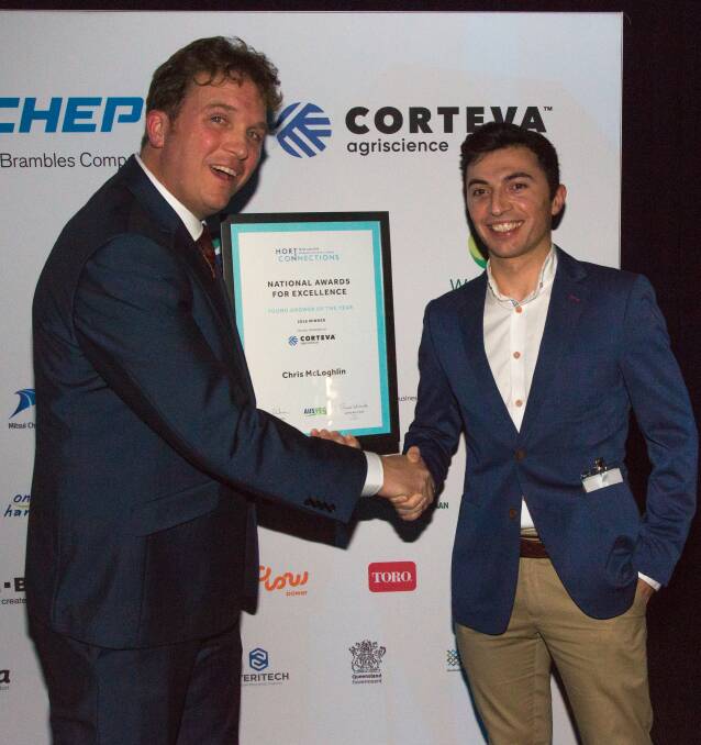 WEL DONE: Corteva Agriscience marketing manager for horticulture, Nick Koch, congratulates the Young Grower of the Year, organic mushroom grower, Chris McLoghlin.