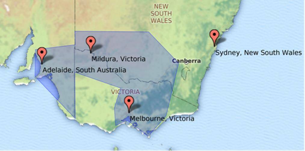 TARGET: CropLogic's target geography - the 'Southern Regions' showing the location of Mildura, Victoria