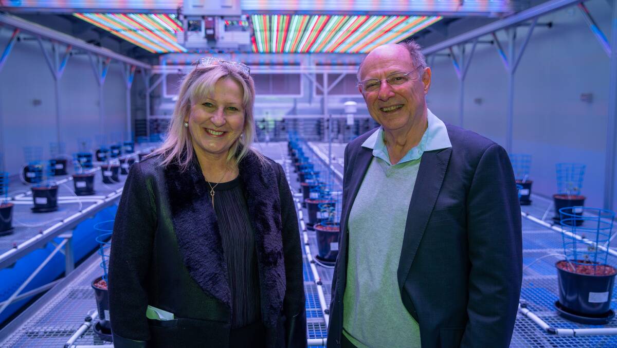 Victorian skills minister Gayle Tierney with Professor Tony Bacic, La Trobe University, insde the new digitised glasshouse. Picture supplied