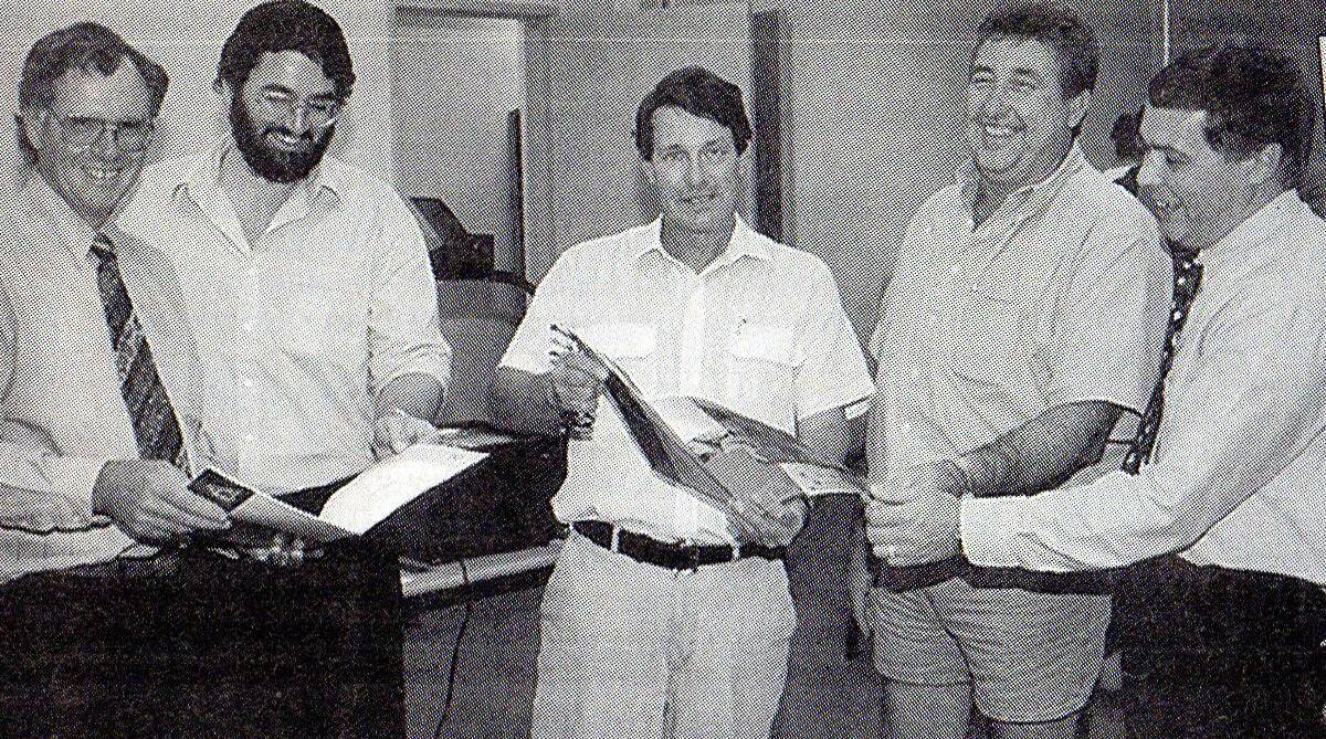 David White, Joe Eckman, Brian Beattie, Bill Chalk and Colin Gray at the launch of the Approved Supplier Program Guide at Flemington Market in 1999. 