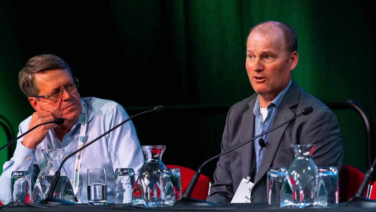 Patrick Brown, from the University of California, and David "The Almond Doctor" Doll, taking part in a lively Q and A, fielding questions from the audience during the 2022 Australian Almond Conference this month. Picture by John Kruger