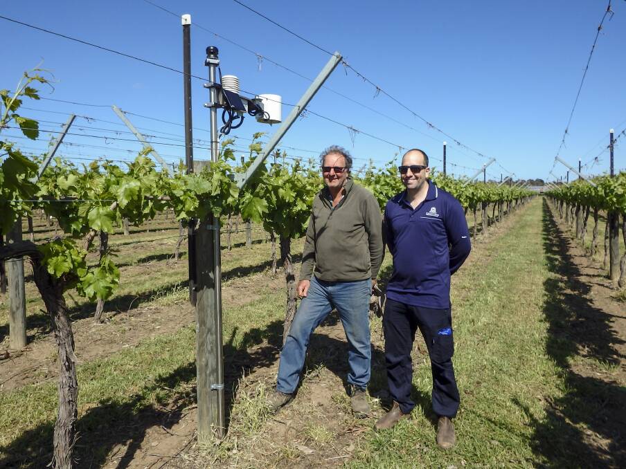 MONITORING: Table grape grower Philip Yukich (left) and DPIRD research scientist Dr Andrew Taylor next to one of the new weather stations in the Swan Valley being used for a powdery mildew project. 