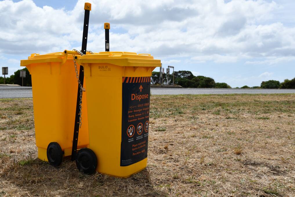 RUBBISH: Some of the quarantine collection bins within Tasmania, which perhaps could do with more prominent and clearer signage. 