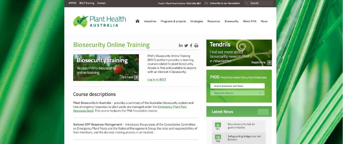 READY: A screenshot from the Plant Health Australia website showing the various training options now available. 