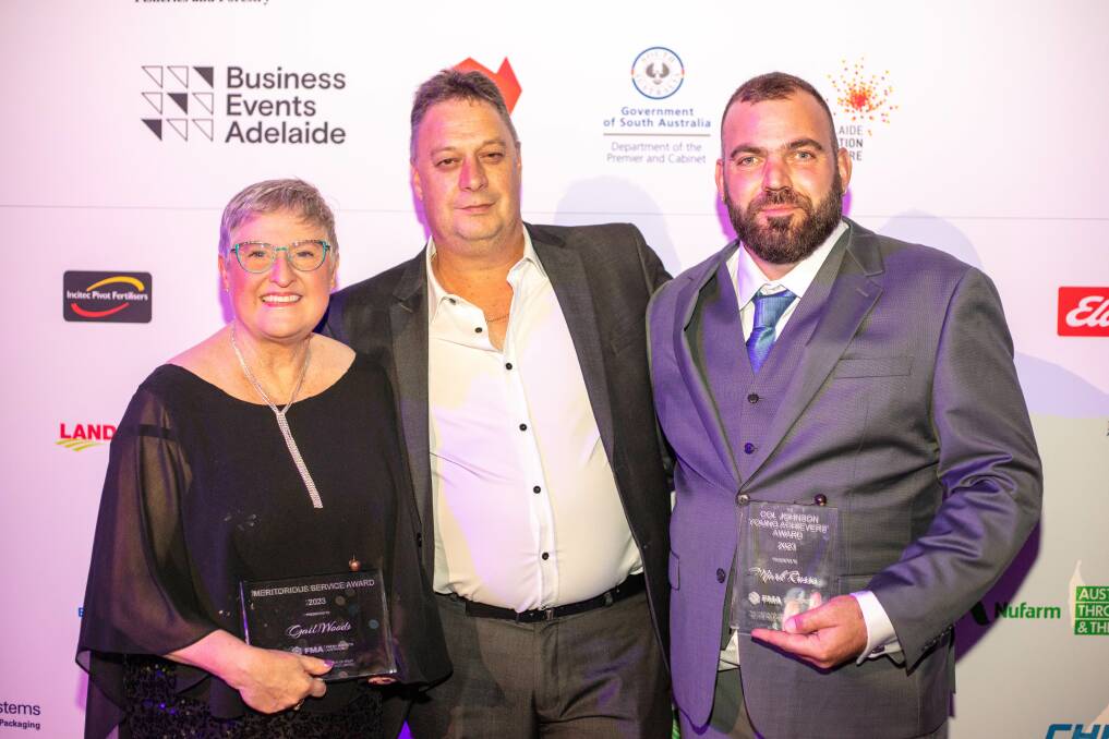 Fresh Markets Australia general manager and 2023 FMA Meritorious Service Award winner Gail Woods, with FMA chair Shane Schnitzler and Col Johnson Young Achievers Award winner Mark Russo, Adelaide Hydro Fresh. Picture supplied