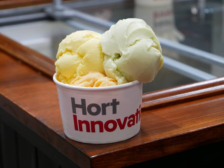 SCOOP: A cup brimming with sweetpotato, coconut and maple ice cream, avocado ice cream and mango ice cream, at the Hort Innovation stand. 